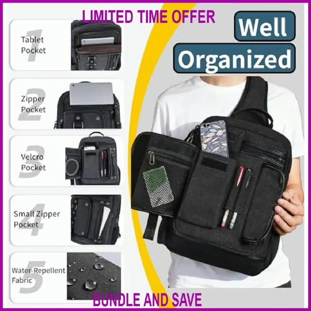 Large Canvas Messenger Bag with Laptop Sleeve, 10+ Pockets, Adjustable Strap